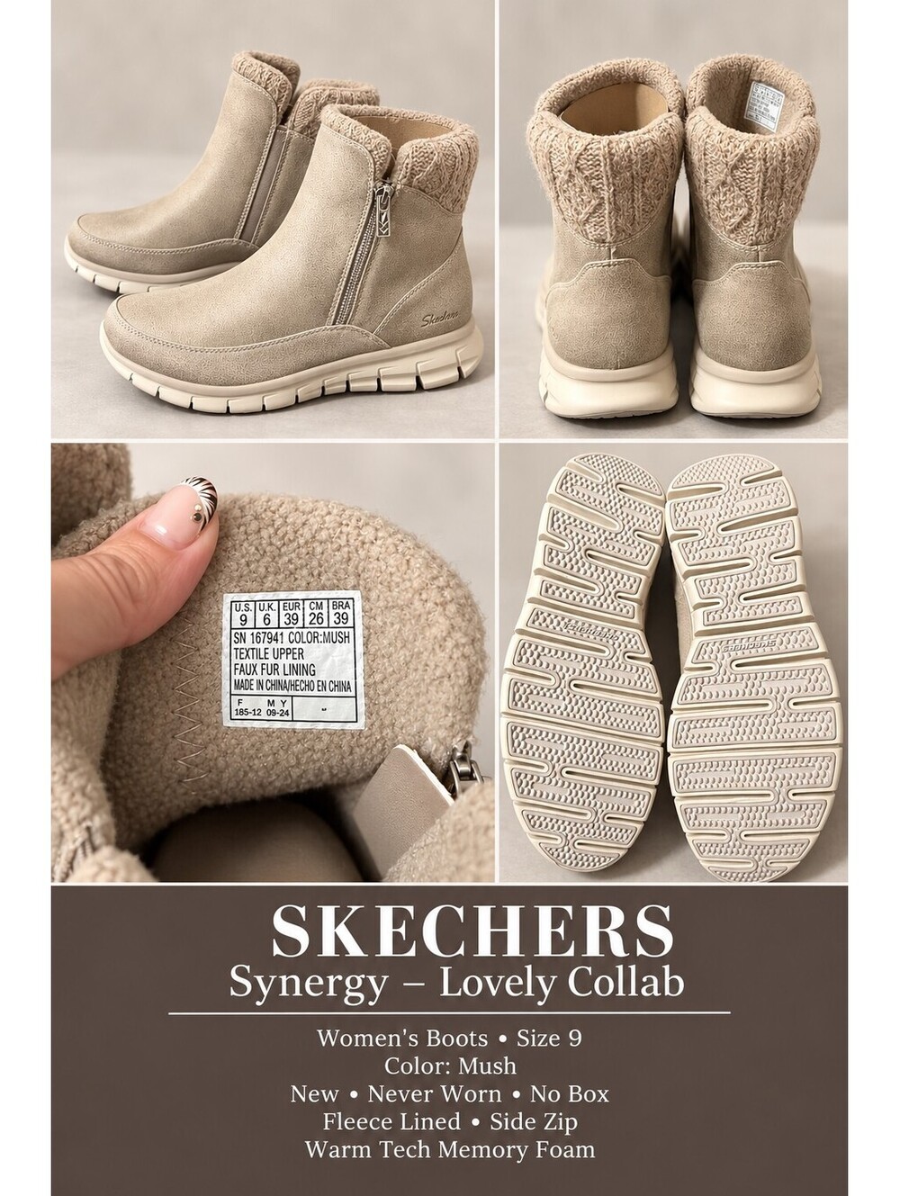 Skechers Synergy Lovely Collab Mush Fleece Boots Size 9 New